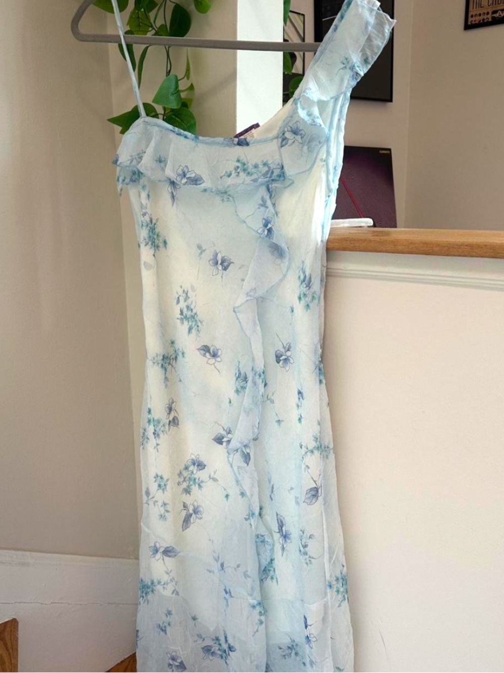 90s vintage Luce draped slip maxi crepe dress spring summer floral ruffle strap
